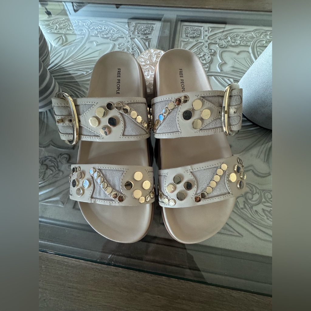 Free People Gold-Studded Beige Double-Strap Slides